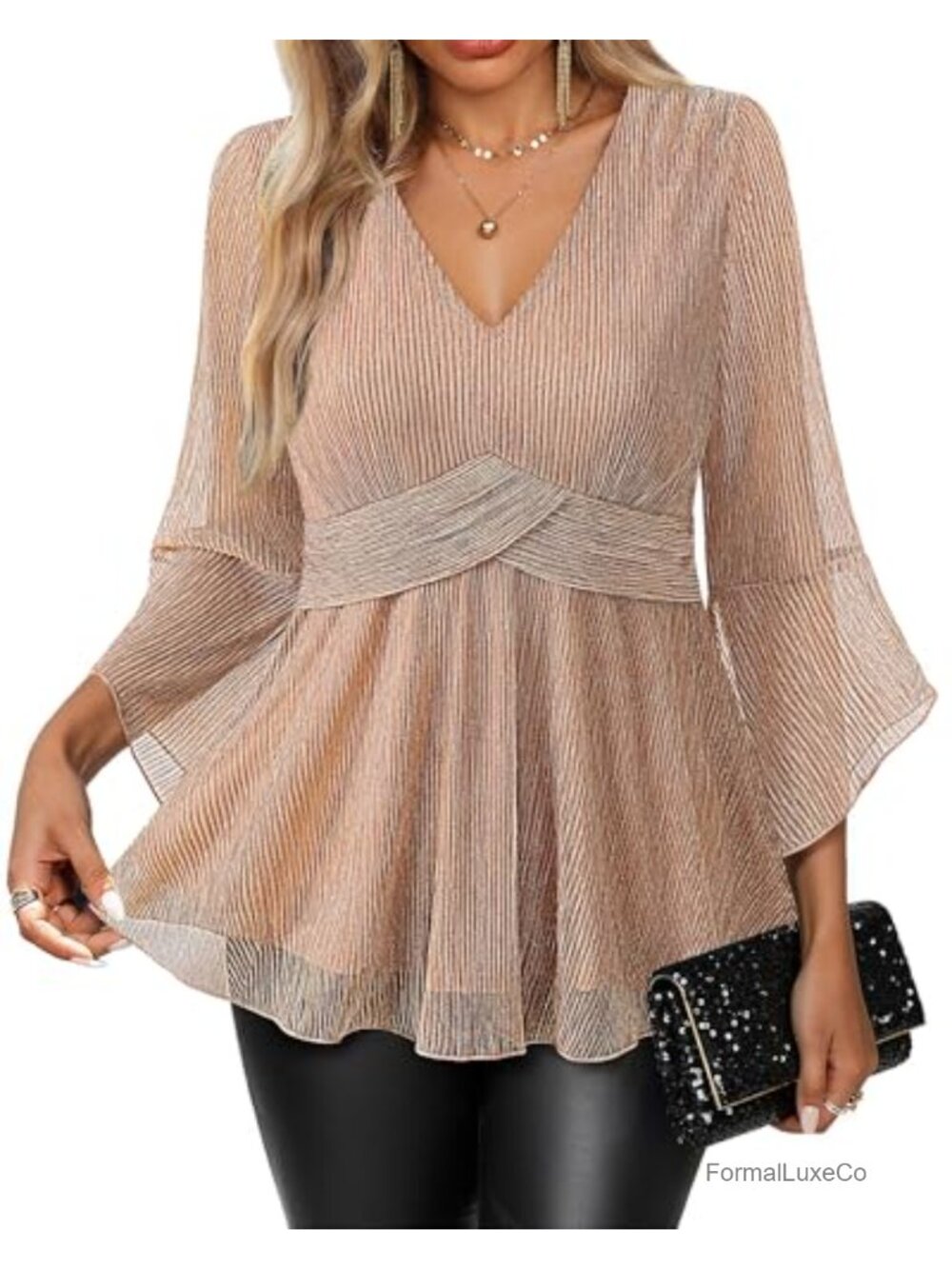 3/4 Sleeve Sequin Blouse V-Neck Sparkly Tunic Party Top